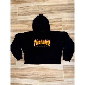 Thrasher Magazine Flame Logo Hoodie Black Sweatshirt Crop Size Medium RN 79563